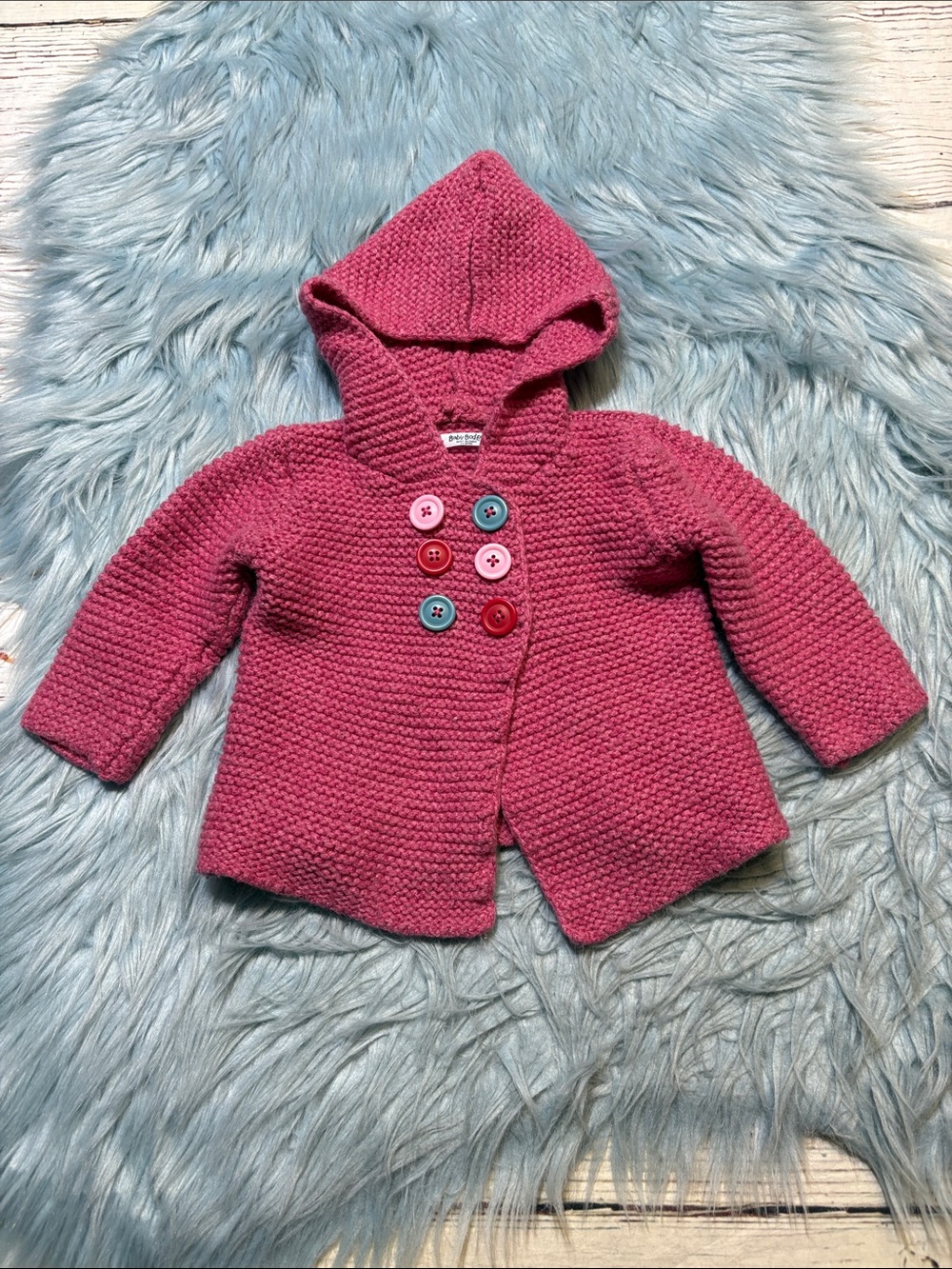 Baby Boden Pink Wool Cashmere Blend Hooded Knit Cardigan with Colorful Buttons